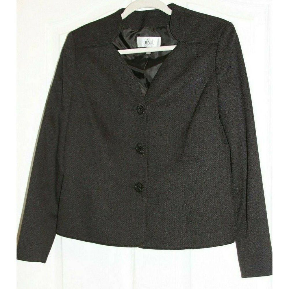 Le Suit Polyester Blazer 6 Black Womens Long Sleeve Textured Sparkle Buttons